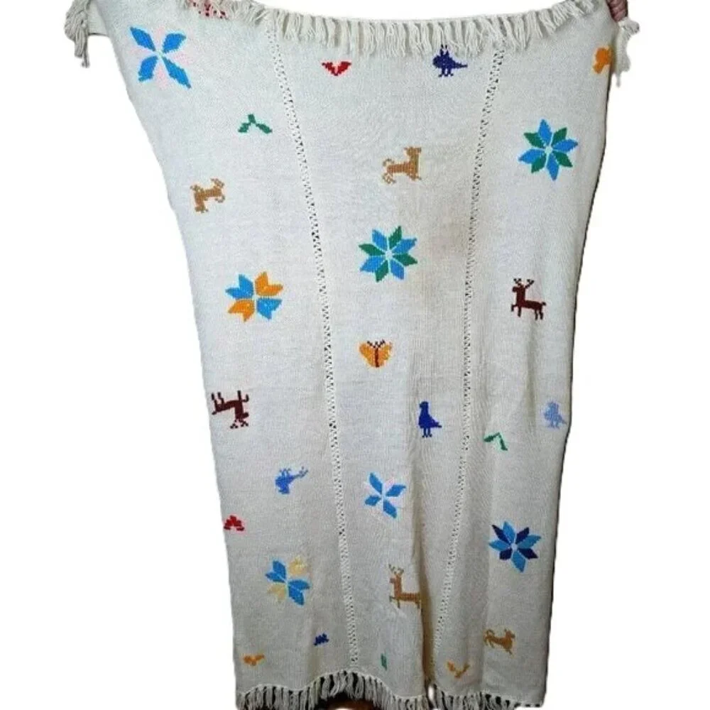 Vintage Knit‎ Afghan Blanket Fairycore Cottagecore Animal Nature Handmade Boho